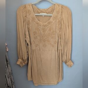 Solitaire Tan Mini Dress with Bib Collar and Relaxed Pleats